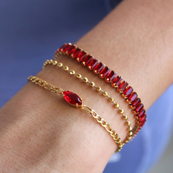 Gold Ruby Dainty Bracelet, Red Gemstone Bracelet, Minimalist Ruby Red Bracelet, Red Tennis Bracelet, Everyday Jewelry, WATERPROOF Bracelet