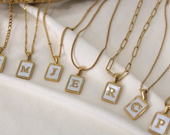 Collier lettre initiale en nacre dorée, hypoallergénique, coquillage, pendentif initiale lettre carrée, or, acier inoxydable