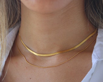 Gold Double Herringbone Snake Chain Necklace Flat Herringbone Choker Stainless Steel Waterproof Necklace Double Snake Chain Birthday Gift