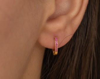 Pink Ruby Hoop Earrings Birthstone Huggie Earrings Gemstone Personalized Earrings for Women Birthday Gift for Mom Minimalist Huggie Hoop