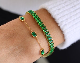 Gold Emerald Dainty Bracelet, Green Gemstone Bracelet, Emerald Tennis Bracelet, Waterproof Jewelry, Stainless Steel Bracelet, Gift for Her