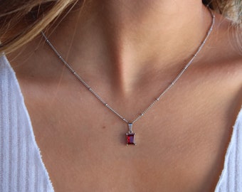 Silver Ruby Necklace, Red Gemstone Square Necklace, Garnet Necklace, WATERPROOF Jewelry, Silver Birthstone Necklace, Bridesmaid Gift
