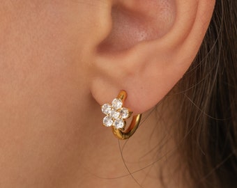 Flower Diamond Earrings Dainty Floral Huggie Hoop Earrings for Women Tarnish Free Earrings Bridesmaid Jewelry Everyday Earrings Flower Hoops