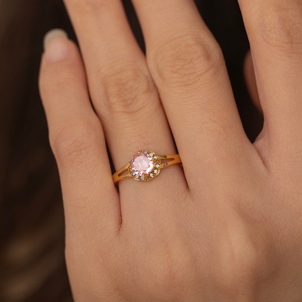 Gold Diamond Ring Pink Birthstone Ring Minimalist Diamond Ring Gemstone Statement Ring for Women Crystal Promise Ring Birthday Gift for Her