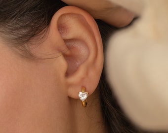 Diamond Heart Huggie Earrings Dainty Huggie Hoop Earrings Minimalist Love Heart Hoops Perfect Birthday Gift for Her Stacking Earrings