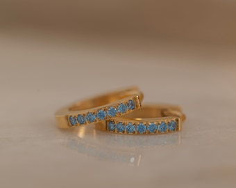 Aquamarine Huggie Hoop Earrings Dainty Blue Diamond Earrings Minimalist Birthstone Earrings for Women Second Hole Earrings Birthday Gift