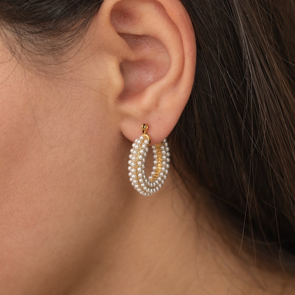 Large Pearl Hoop Earrings Chunky Boho Jewelry Birthday Gift for Her Bridesmaid Jewelry Baroque Pearl Earring Tarnish Free Jewelry Handmade