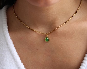 Gold Cat Eye Jade Necklace, Minimalist Green Gemstone Necklace, Personalized Gift, Jade Teardrop Necklace, Healing Protection Gift for Her