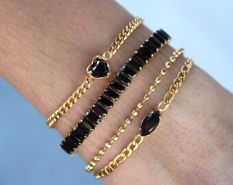 Bracelet or pierres précieuses noir onyx, bracelet tennis onyx noir, bracelet figaro délicat, bracelet coeur onyx, bracelet imperméable cadeau pour elle