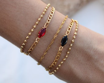 Gold Double Onyx Bracelet, Figaro Chain Bracelet, Beads Bracelet, Ruby Bracelet Birthstone Bracelet WATERPROOF Vintage Bracelet Gift for her