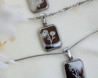 Silver Birth Flower Necklace Vintage Birth Month Flower Necklace Birthstone Necklace Square Zodiac WATERPROOF Necklace Personalized Gift