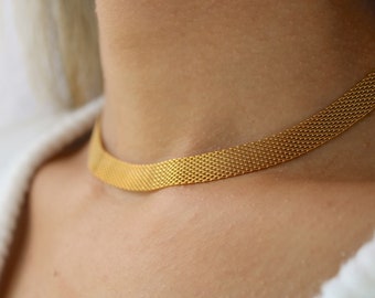 Gold Filled Mesh Vintage Choker Necklace, Dainty Mesh Waterproof Snake Medieval Link Snake Necklace Herringbone Choker Gift for her