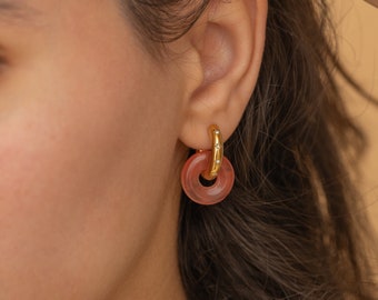 Chunky Tourmaline Hoop Earrings Gemstone Hoop Earrings for Women Pink Double Hoop Earrings Tarnish Free Earrings Dangle Earring Gift for Mom
