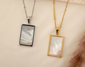 Gold Mother of Pearls Necklace Rectangle Shell Necklace Layering Pendant Birthday Gift for Her Tarnish Free Jewelry Handmade Summer Jewelry