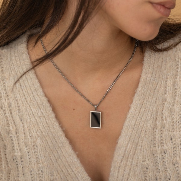 Silver Onyx Rectangle Necklace Layering Necklace Personalized Gift for Her Black Rectangular Necklace Perfect Gift Stacking Necklace Gift