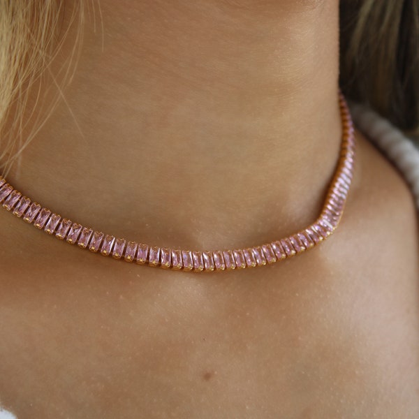Tennis Necklace Choker Pink Birthstones, Delicate Stainless Steel Diamond Necklace, Gold Square Stainless Steel Tennis Gift for mothers day