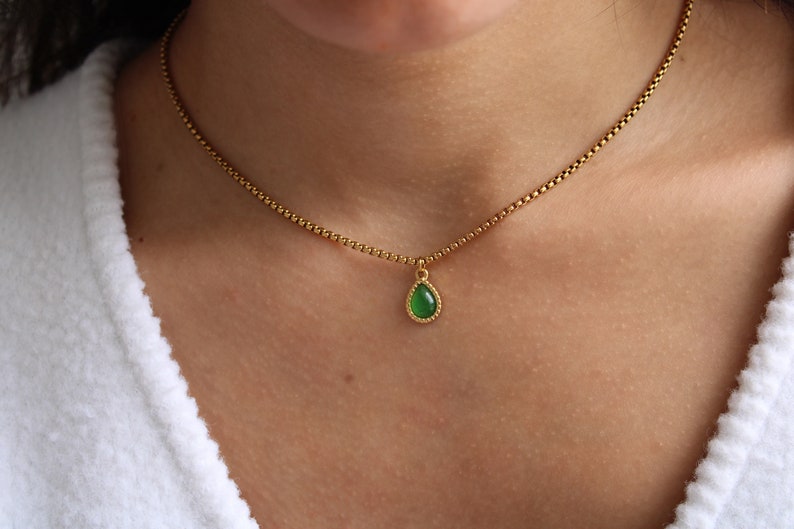 Gold Cat Eye Jade Necklace, Minimalist Green Gemstone Necklace, Personalized Gift, Jade Teardrop Necklace, Healing Protection Gift for Her image 1