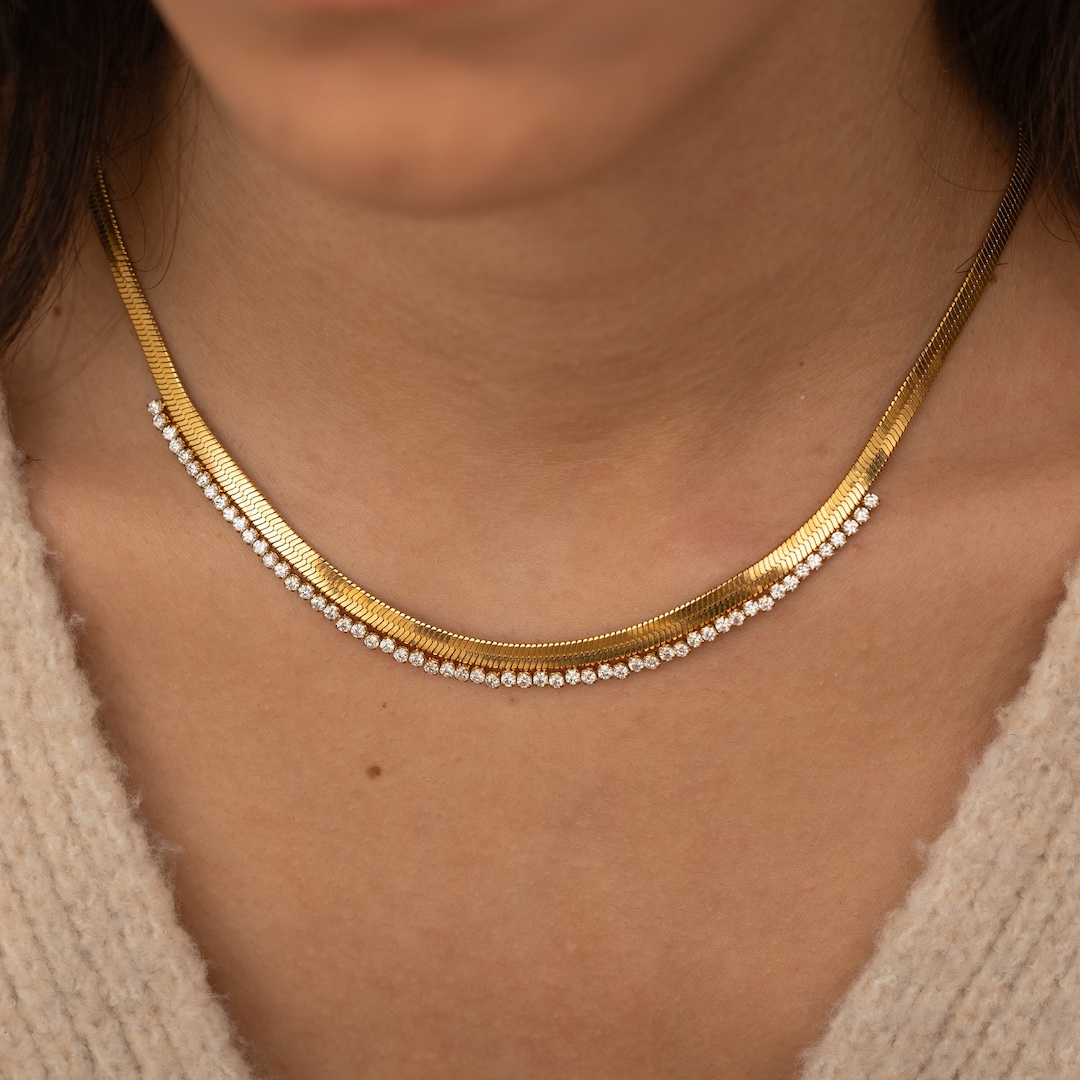 Gold Herringbone Diamond Necklace Layering Statement Necklace Vintage