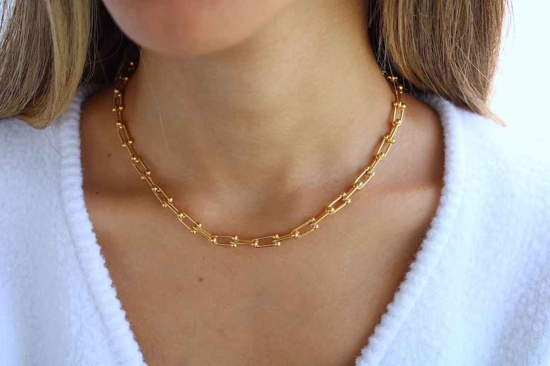 Gold filled u shape punk hip hop Waterproof chain necklace Vintage choker for women Link Chunky Necklace Miami Jewelry Retro Gold Necklace