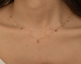 Gold Garnet Birthstone Necklace Minimalist Gemstone Necklace Diamond January Birthstone Necklace Birthday Gift for Her Bridal Jewelry Gift