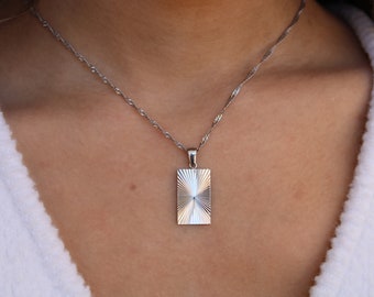 Silver Sunburst Necklace, Square Sunburst Pendant, Frame Bar Shine Necklace, WATERPROOF Necklace, WATERPROOF Anti Tarnish Jewelry, Birthday