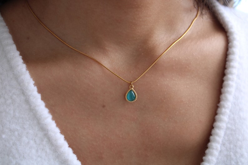 Gold Cat Eye Jade Necklace, Minimalist Green Gemstone Necklace, Personalized Gift, Jade Teardrop Necklace, Healing Protection Gift for Her image 5