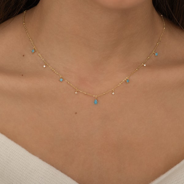 Gold Vermeil Turquoise Necklace, Blue Turquoise Teardrop, Natural Boho Turquoise Layering Necklace Bridesmaid Gift Personalized Jewelry Gift