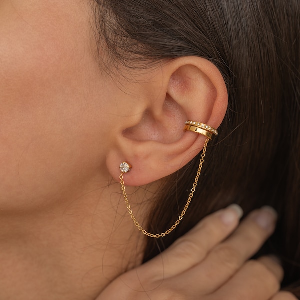 Ear Cuff Chain Earrings Minimalist Chain Diamond Earrings Bridesmaid Gift for Her Tarnish Free Jewelry Ear Cuff No Piercing Earrings