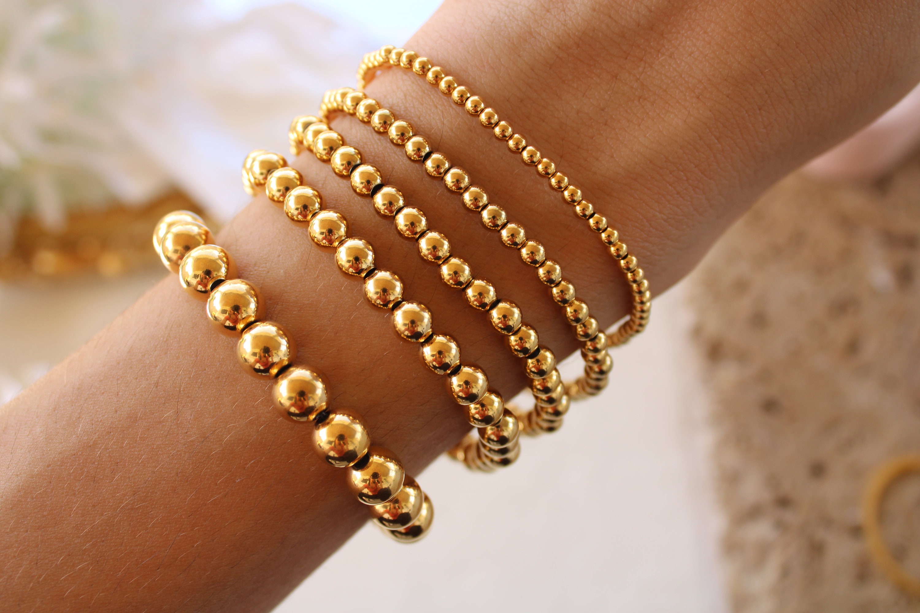 Gold Filled Beads Bracelet, Gold Beaded Bracelet, Waterproof