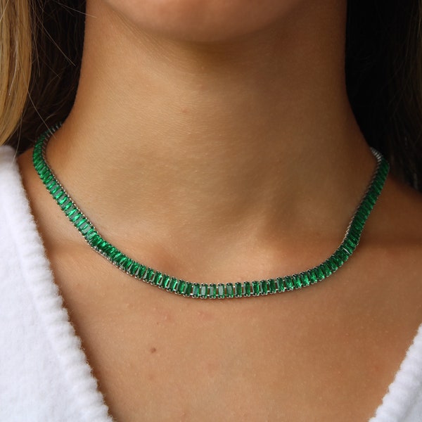 Silver Emerald Tennis Baguette Necklace, Emerald Green Choker, STAINLESS STEEL, Waterproof Jewelry, Gemstone Zircon Necklace, Tennis Choker