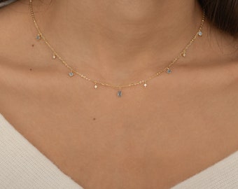 Collier aigue-marine vermeil, délicat collier minimaliste de pierres précieuses bleues, collier de pierre de naissance de mars, cadeau tendance en forme de larme aigue-marine pour maman