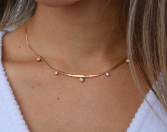 Gold Filled Herringbone Necklace, Zircon Snake Chain Herringbone Layering Necklace Choker, Jewelry for Women WATERPROOF Necklace, Flat Chain