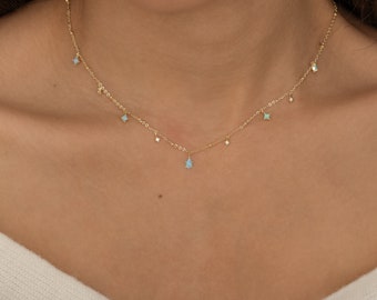 14K Gold Vermeil Opal Teardrop Necklace, Opal Birthstone Necklace, Bridesmaid Blue Opal Pendant Personalized Gift For Mom October Birthstone