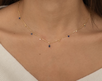 Dainty Sapphire Necklace, September Birthstone Necklace, Bridal Jewelry for Her, Gemstone Station Necklace, Teardrop Necklace Something Blue