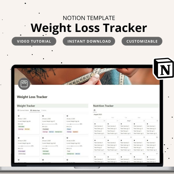 Weight loss Notion weight loss tracker chart Calorie tracker Notion calorie planner Notion meal planner Weight loss daily tracker Notion