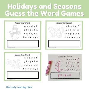May include: Four printable worksheets for kids to guess the word based on a picture. The pictures are a snowman, a butterfly, fall leaves, and a flower. Each worksheet includes a set of letters to help kids spell the word.