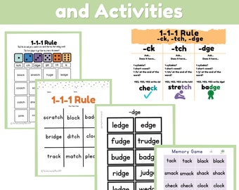 Póster y actividades de la regla 1-1-1 / -tch / -dge / -ck / Regla de ortografía