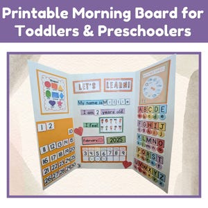 May include: A printable morning board for toddlers and preschoolers. The board features a calendar, a weather wheel, an alphabet chart, a section for shapes, and a section for personal information. The board is decorated with colorful illustrations and text.