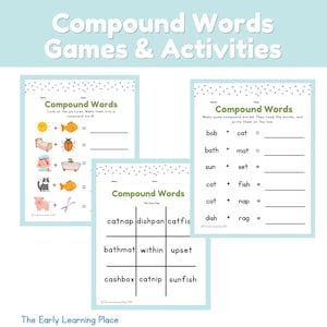May include: A printable worksheet with three different activities for learning compound words. The first activity shows pictures of a sun, a bed, a bug, a cat, a bathtub, a pig, and a fish. The second activity shows a grid with words like "catnap", "dishpan", "catfish", "bathmat", "within", "upset", "cashbox", "catnip", and "sunfish". The third activity shows a list of words like "bob", "bath", "sun", "cat", "dish" and asks students to add the word "cat", "mat", "set", "fish", "nap", and "rag" to make compound words.