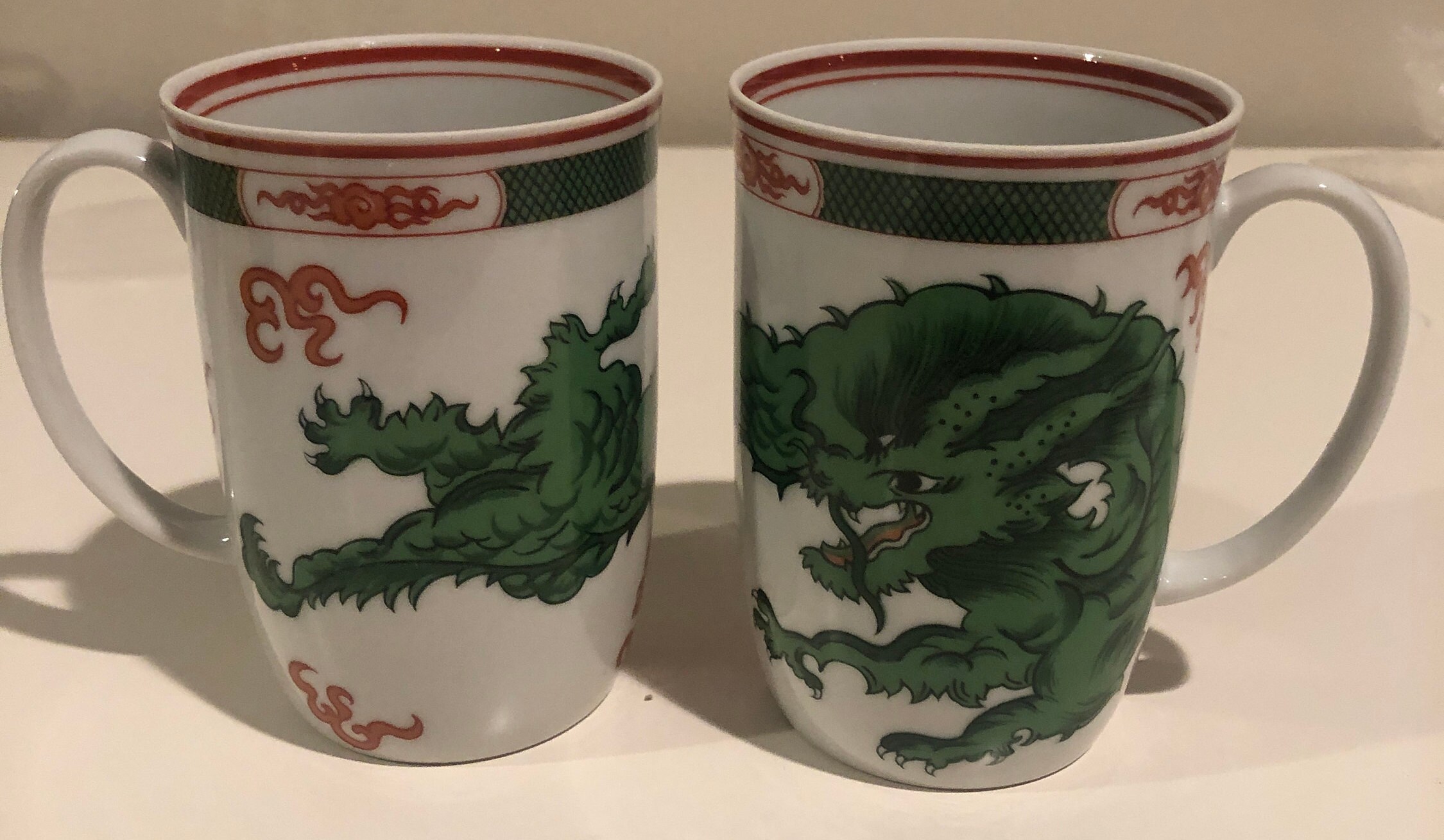 Vintage Fitz and Floyd, Inc. dragon Green Crest Mugs 2 