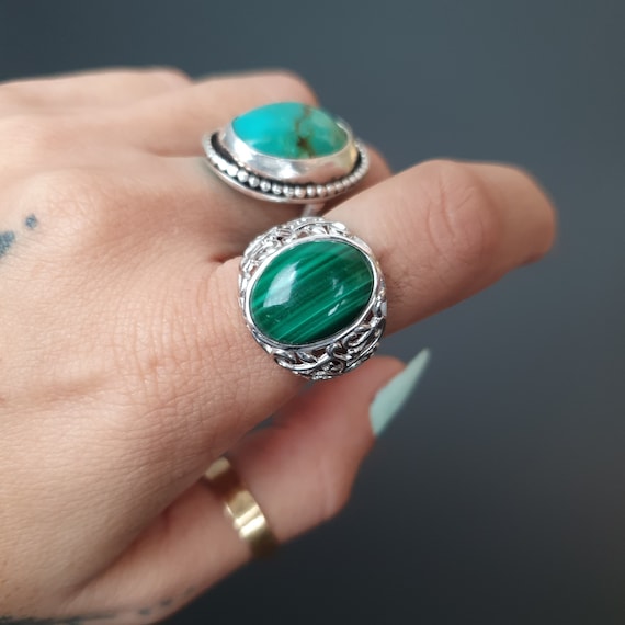 Malachite Sterling Silver Ring: Antique Victorian… - image 1