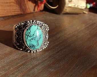 Ring,Vintage,Turquoise,Chunky,Sterling Silver,Suarti,Nepalese Tibetan Style,Antique,Statement,Unisex,Gifts, Filigree,Jewellery, UK T,925,