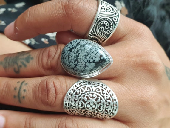 Snowflake Obsidian Sterling Silver Ring - Adjusta… - image 1