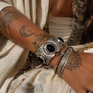 Bohemian Statement Bangle ,Artisan Textured Cuff Bracelet ,Boho Silver Jewellery ,Chunky Tribal Bangle , Unique Gift, protection stone