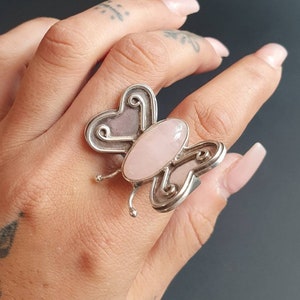 Sterling Silver Butterfly Ring: Rose Quartz Statement Jewelry