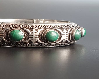 Silver and Malachite bangle,sterling silver bangle with oval Malachite cabachon filigree antique handmade vintage silver bangle, Chunky