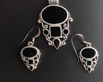 Vintage jewellery earrings set handmade gifts sterling silver  pendant, suarti, gothic, Victorian, historical onyx gift for her jewelry sets