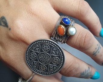 Quirky Multi-stone Sterling Silver Lapis Lazuli Pearl Wire Work Chunky Statement Ring,Brass, 925 Jewellery, Oversized Thumb Ring, UK Ring L