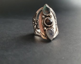 Citrine smoky quartz triple gemstone ring, filigree ring sterling silver 925,Statement ring healing witchy gothic cult ring, Boho hippi ring