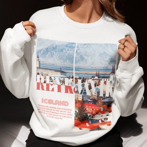 Felpa Reykjavik, girocollo islandese, maglione oversize islandese da donna, regalo souvenir di viaggio islandese, pullover unisex morbido e confortevole